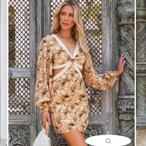 Vici Tan Brown Leaf Palm Print Vneck Keyhole Cutout Dress XL